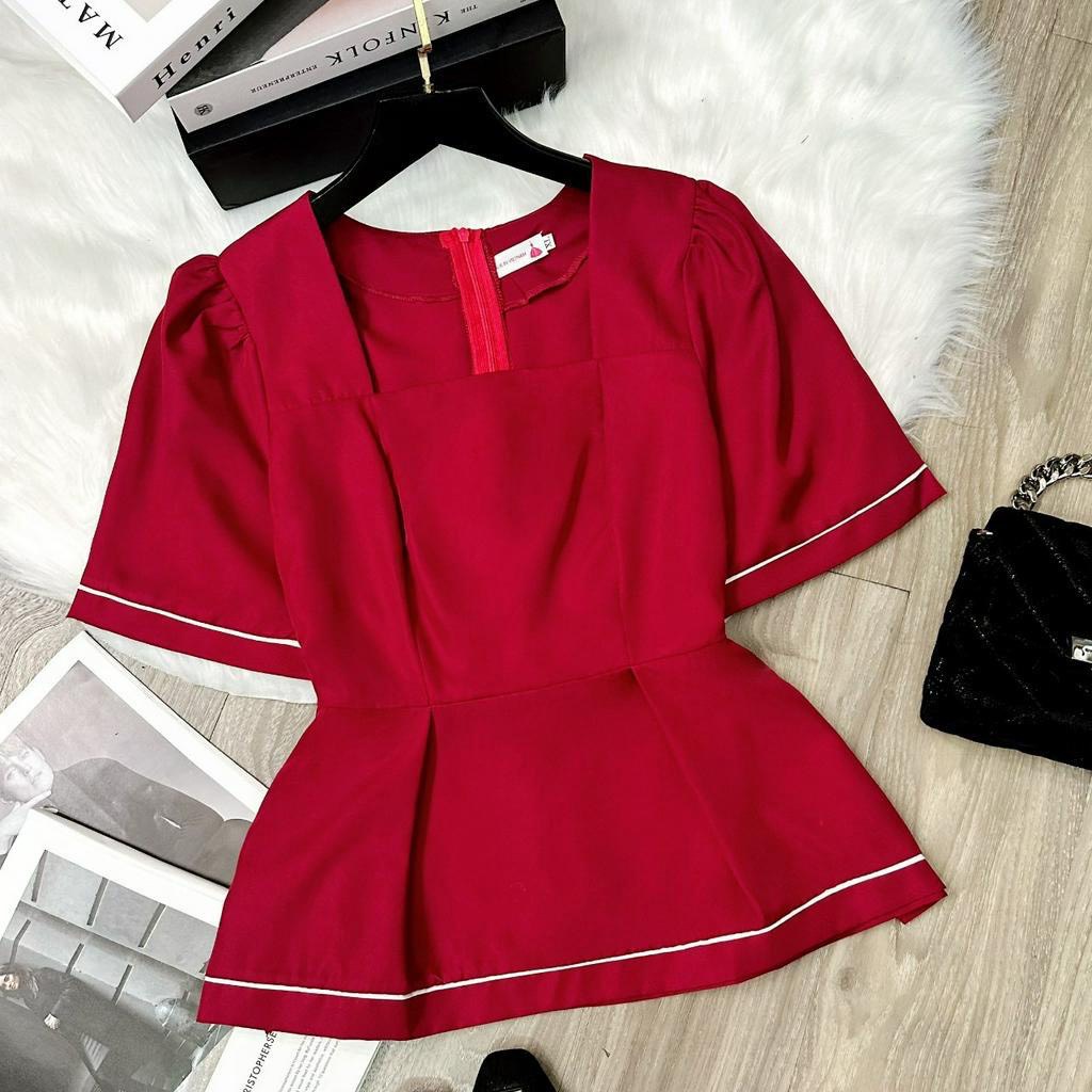 Áo bigsize nữ kiểu peplum cổ vuông tay ngắn phối viền chất cotton mềm mịn đi chơi đi làm sang chảnh 