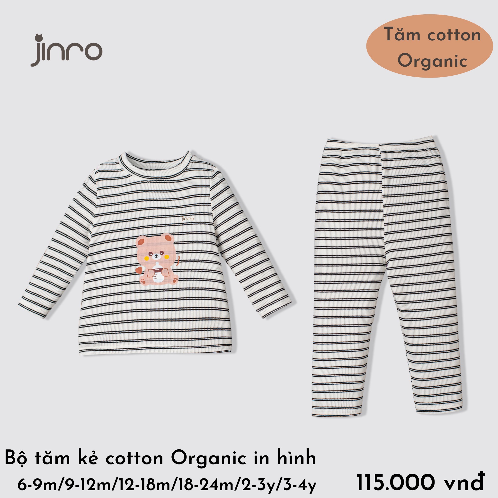 Bộ dài tay trẻ em tăm kẻ cotton organic in hình Jinro