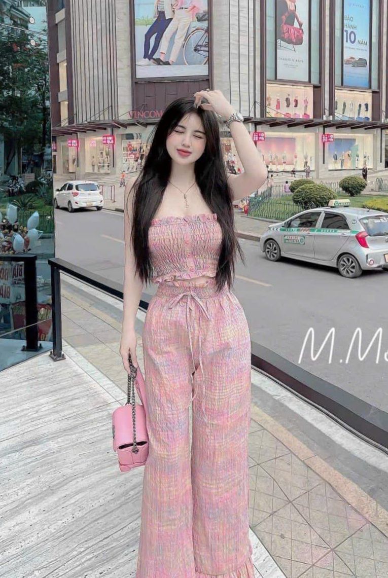 HOÀN TIỀN 15% - Set áo thun ống bo chun và quần ống rộng dài mặc dạo phố dễ thương đồ bộ xốp caro hồng mẫu mới sang chảnh