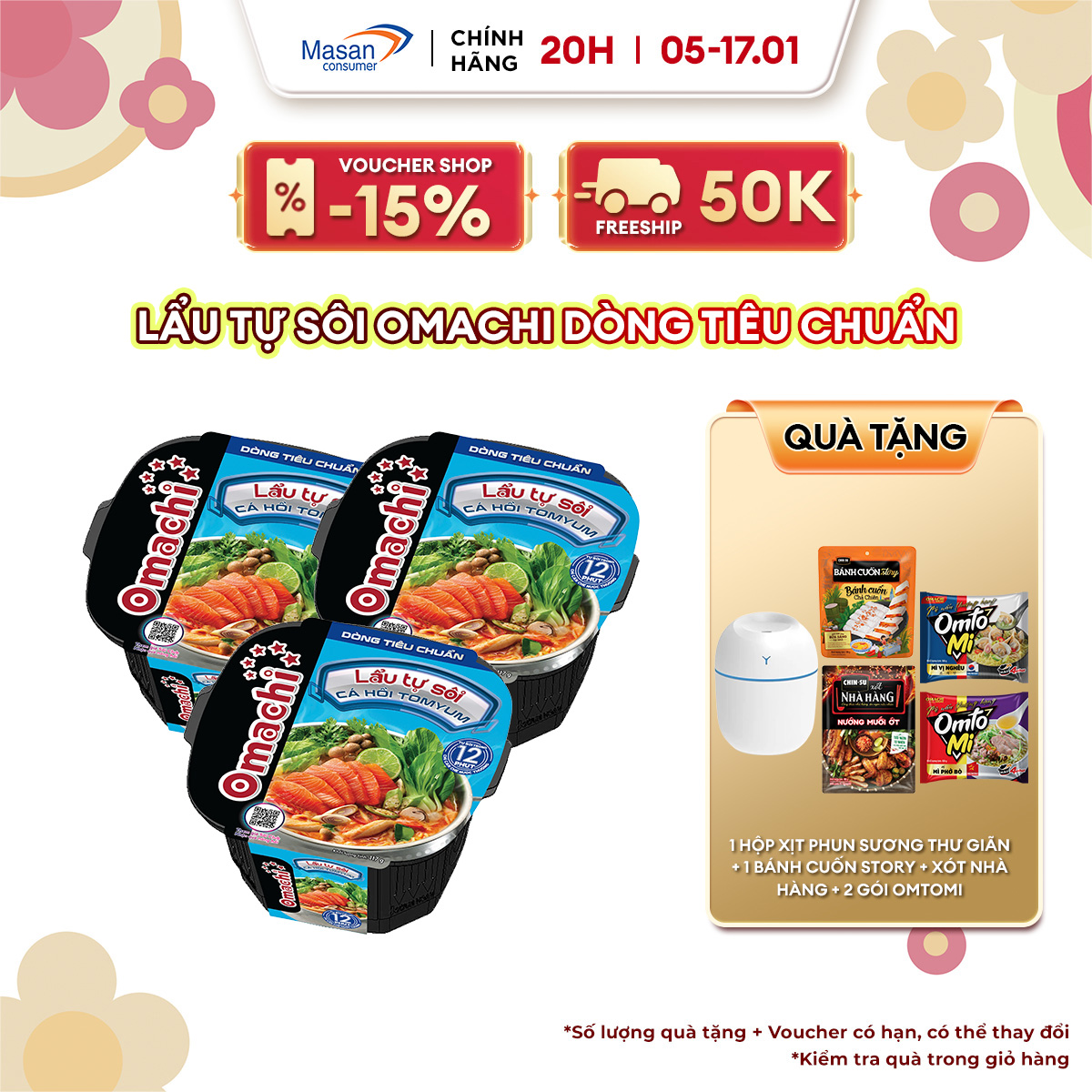 [VOUCHER 18% ĐƠN 199K]  Combo 3 Omachi lẩu tự sôi cá hồi tomyum 117g