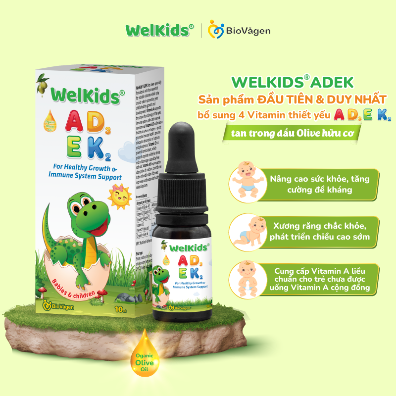 WelKids ADEK tinh khiết bổ sung vitamin A,E và D3 K2 MK7 tan trong dầu olive hữu cơ tăng chiều cao cho bé dung tích 10ml