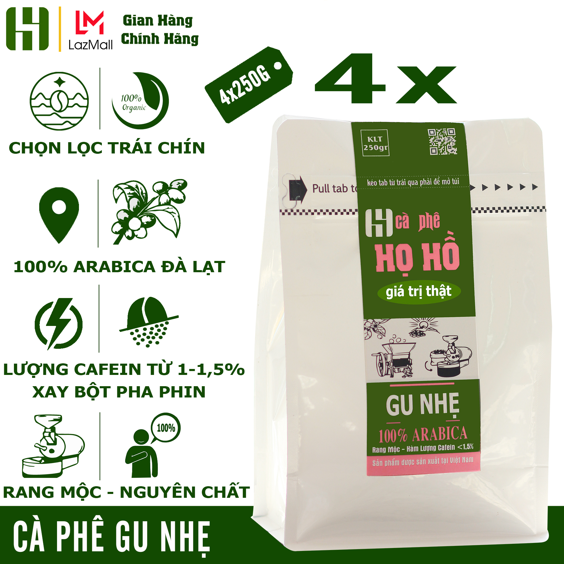 [Gu Nhẹ] 1kg Cà phê rang xay nguyên chất pha phin - Arabica rang mộc đóng 4 Gói 250g - chua thanh th