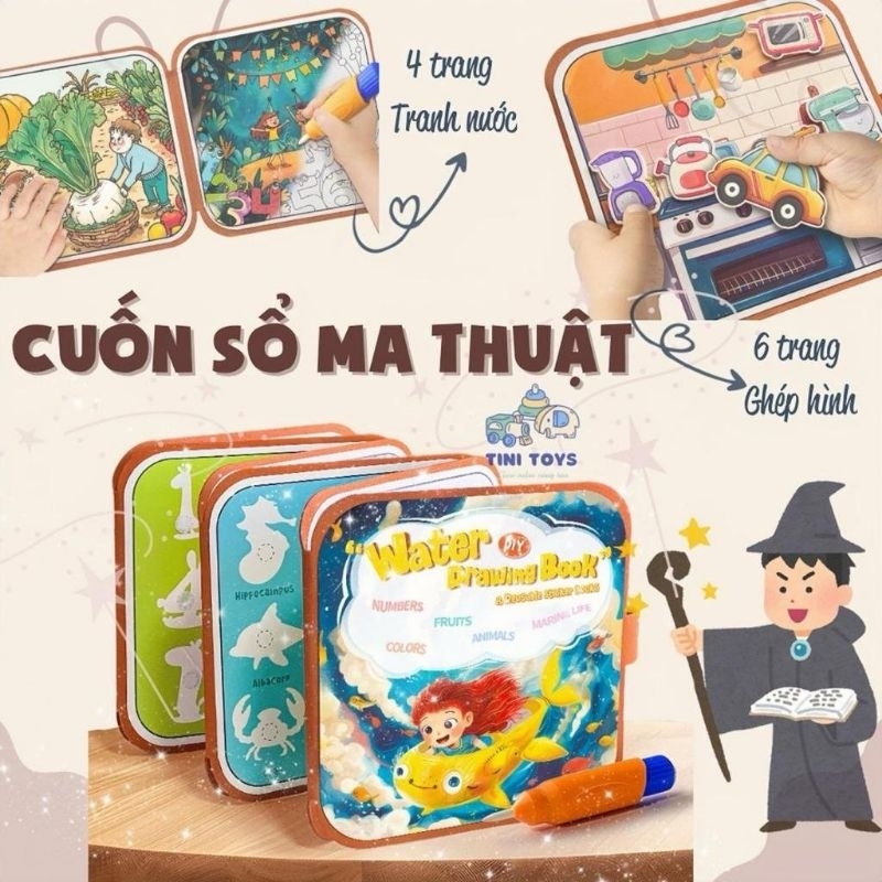 Sổ Tô Màu Nước Ma Thuật Tự Xóa 2in1 Kèm Bóc Dán Nhiều Chủ Đề Đồ Chơi Tranh Tô Màu Nước Cho Bé - Lana Queen
