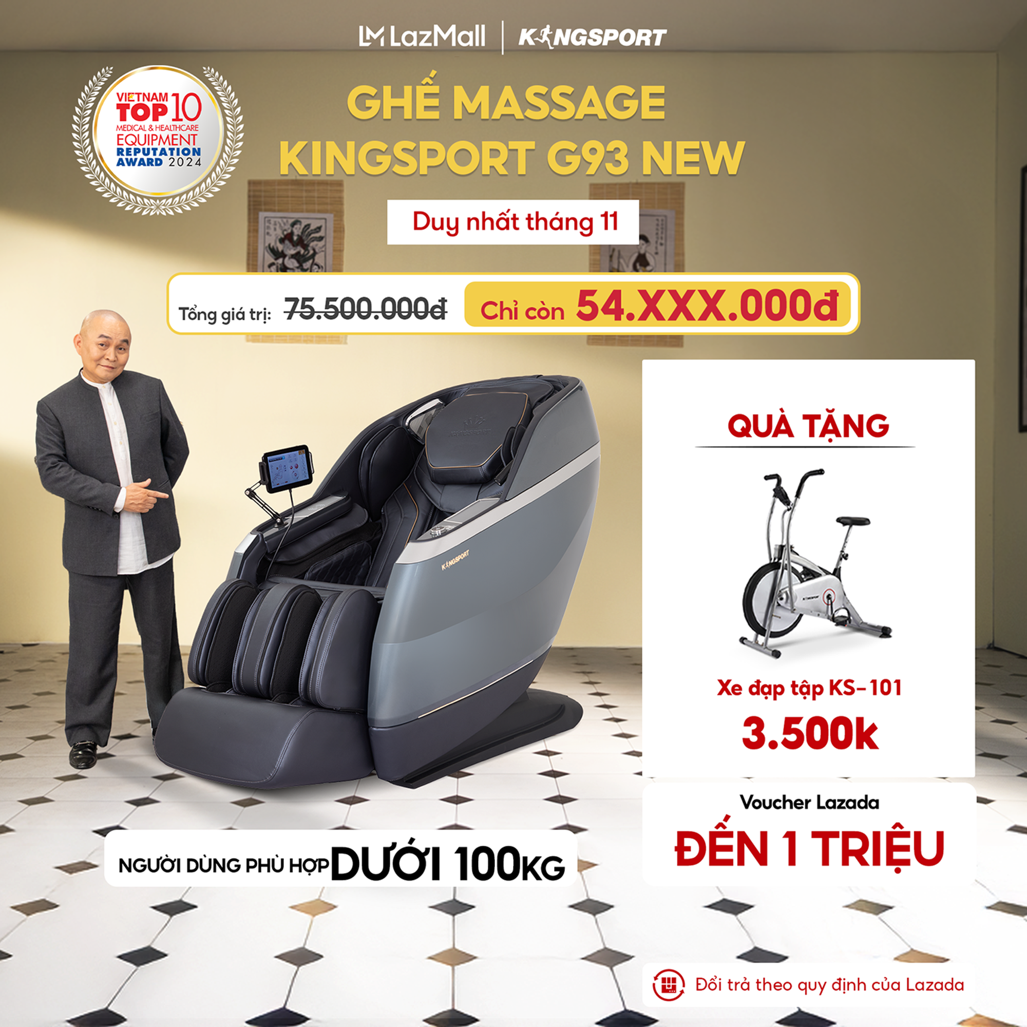 [Miễn phí lắp đặt] Ghế massage KINGSPORT G93 New cao cấp con lăn 3D với 30 bài tập công nghệ lọc khí