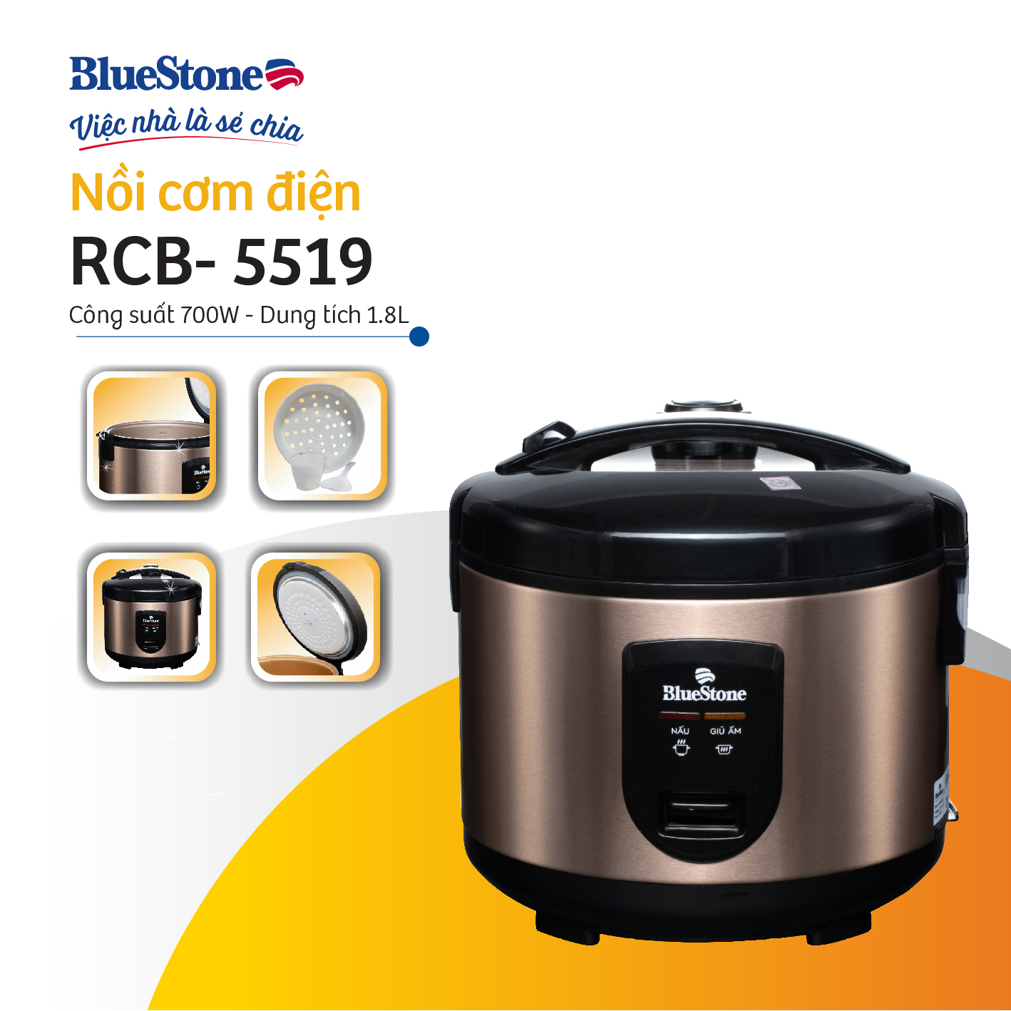 Nồi cơm điện 1.8L BlueStone RCB-5519 - Phù hợp gia đình 4-6 người - Lòng nồi hợp kim dày chống dính 