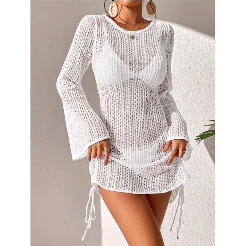Áo Lưới Mặc Ngoài Bikini Tay Loe Hở Lưng Dáng Ngắn Mặc 2 Kiểu Có Dây Rút Form Rộng Đầm Đan Len Nhiều