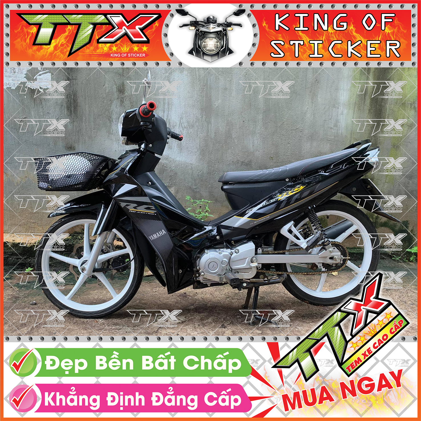 Tem Xe Sirius RC 110 Đen Xám Bạc - Tem Sirius Chỉ Vàng Xám Đen Bạc Siêu Đẹp - Mẫu Team Sirius Đen Xá