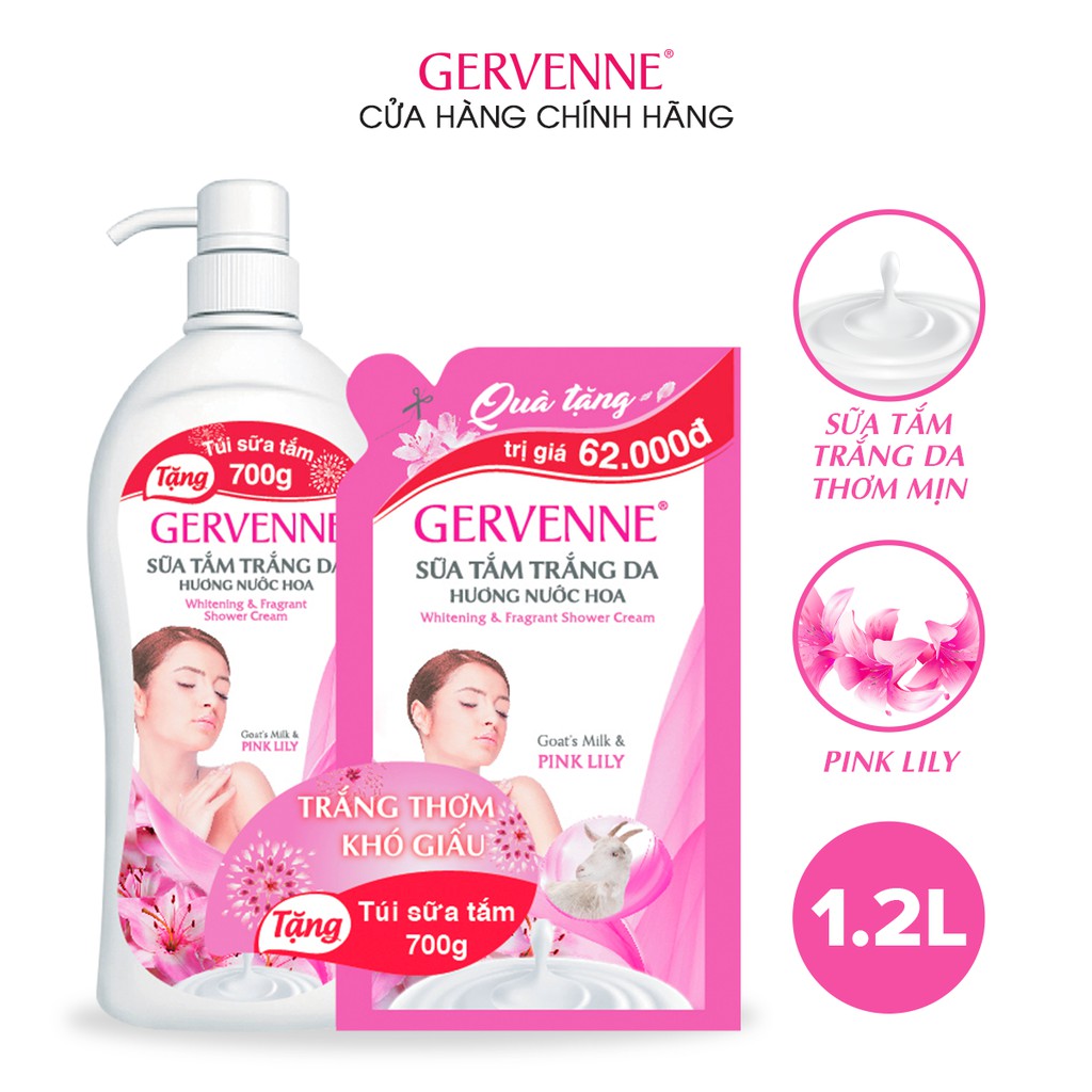 Sữa Tắm Trắng Da Gervenne Pink Lily 1.2L Tặng Túi Sữa Tắm 450Gr