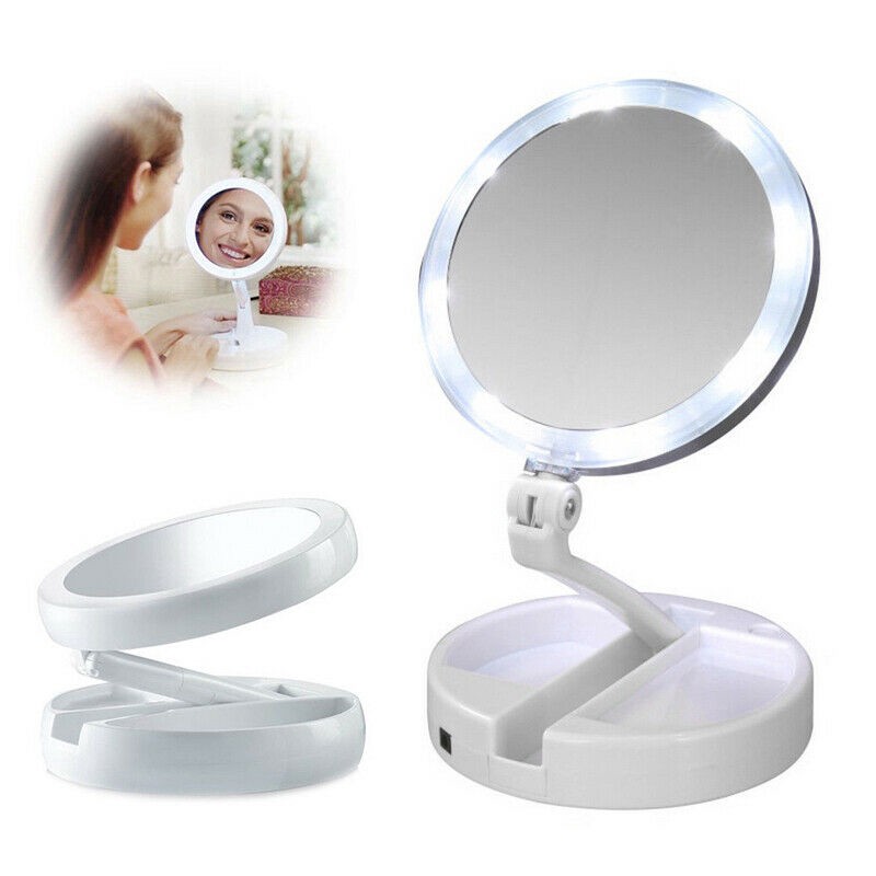 Gương trang điểm để bàn phấn có đèn led sạc kính tròn makeup phóng đại lật 2 mặt xoay 360 độ mini gấp gọn Gương trang điểm để bàn phấn có đèn led sạc kính tròn makeup phóng đại lật 2 mặt xoay 360 độ mini gấp gọn