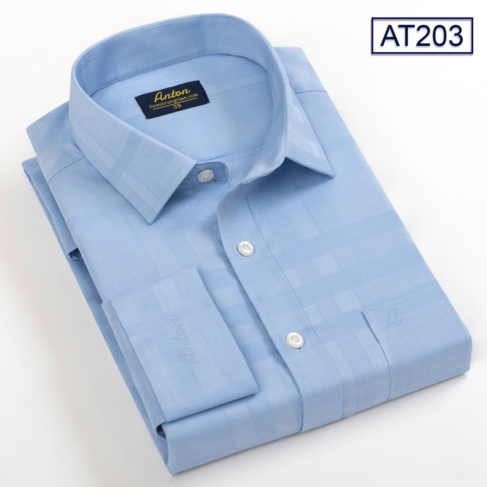 Áo sơ mi nam dài tay công sở trung niên thương hiệu Anton vải sợi tre màu xanh dương họa tiết caro chìm  – AT203