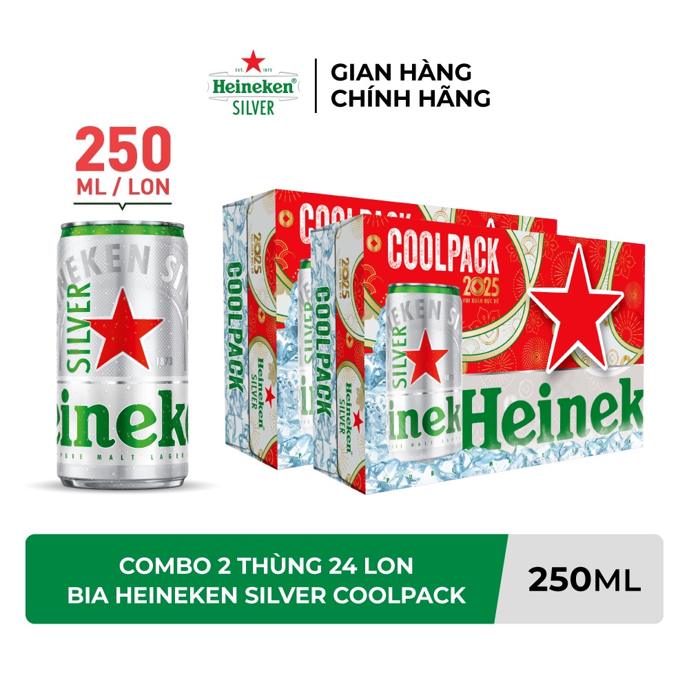 Combo 2 Thùng 24 lon bia Heineken Silver Coolpack 250ml/lon - Bao Bì Xuân