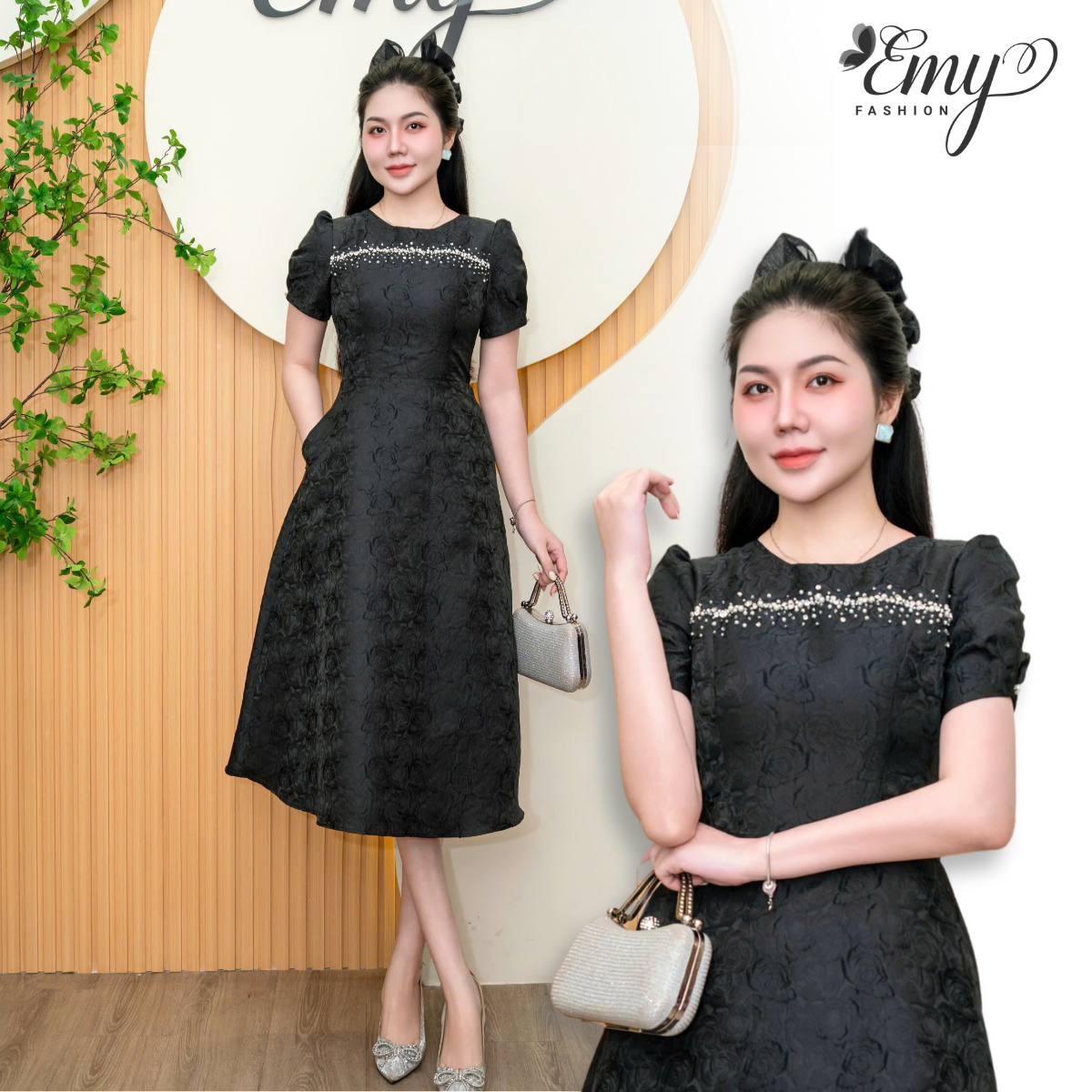Đầm Xòe Đi Tiệc Vải Tafta Gấm Hoa Hồng Đen EM9591 - Váy EMY