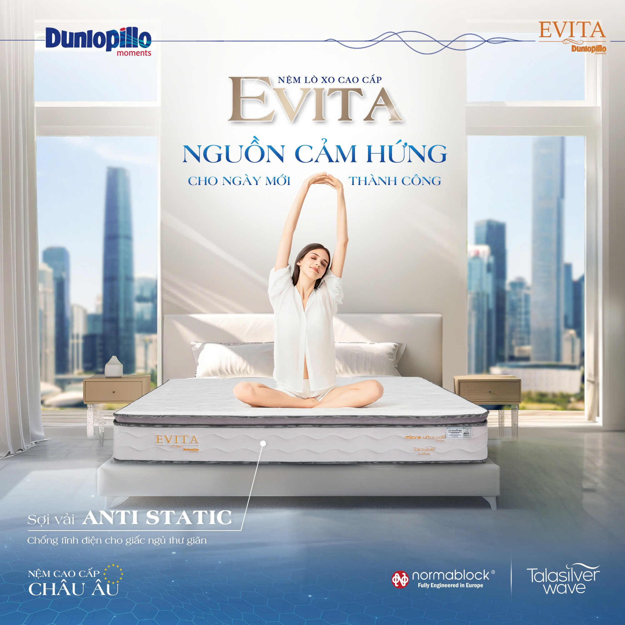 Nệm Lò Xo Túi Một Sợi Siêu Nhỏ Dunlopillo Evita cao cấp  - NEW độ đàn hồi tối ưu sang trọng - Độ cao