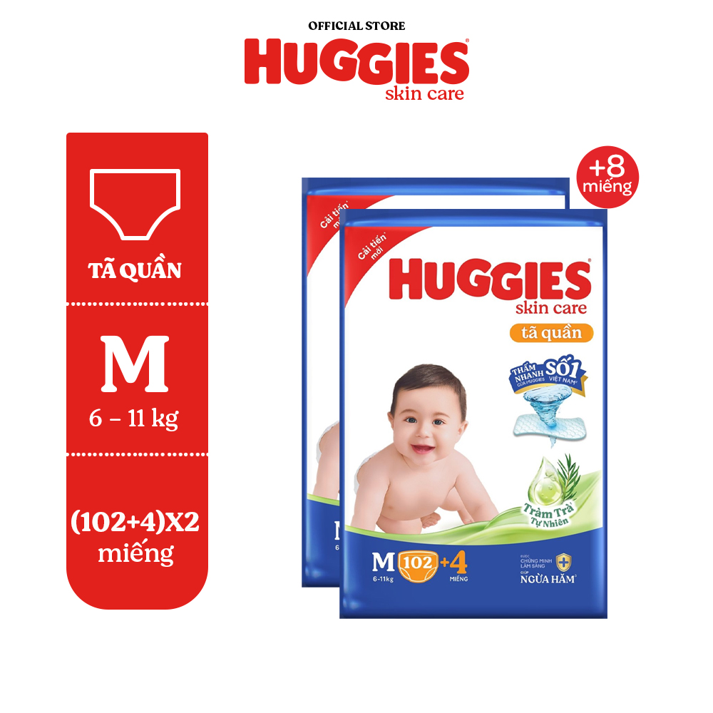 Combo 2 gói Tã/ bỉm quần Huggies Skincare Mega Jumbo M106/L100+4/XL84+4/XXL76+4 với tràm trà dịu da