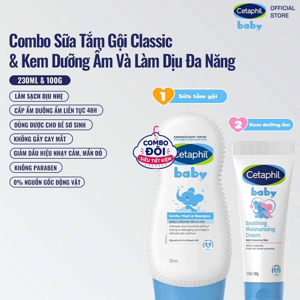 [Combo Dự Sinh] Sữa tắm gội dịu lành cho bé CETAPHIL BABY GENTLE 230ML & Kem dưỡng ẩm và làm dịu đa năng cho bé 100G