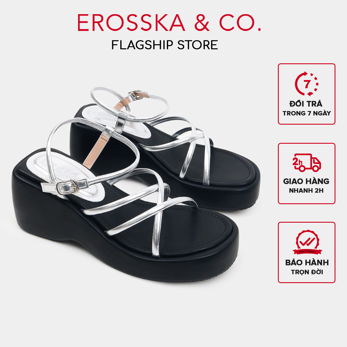 Erosska - Sandal nữ đế xuồng phối dây quai ngang dây mảnh cao 7cm màu bạc phối đen - SB037