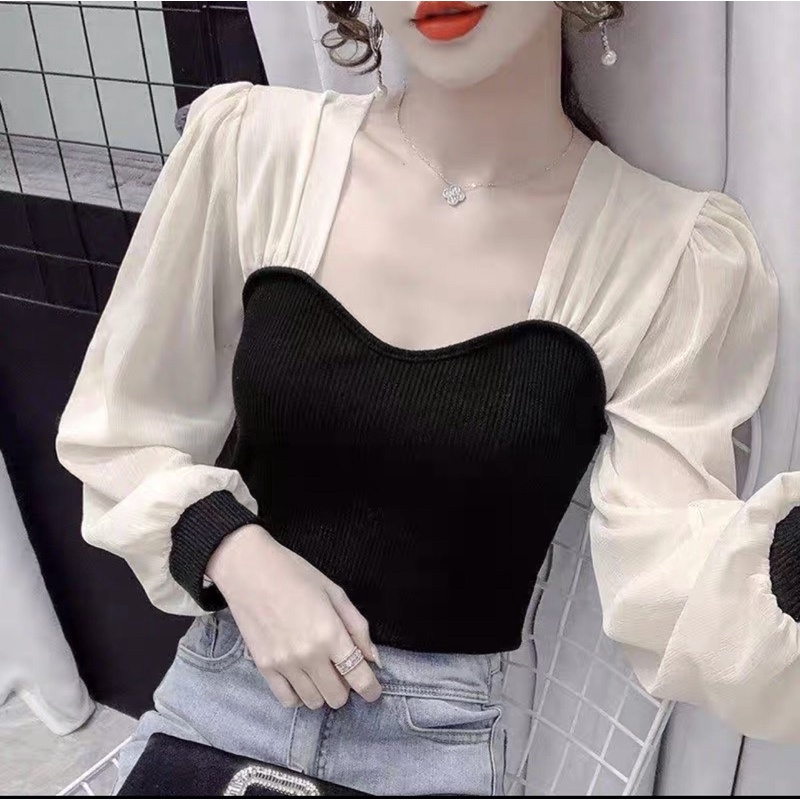Áo Kiểu Nữ Phong Cách Công Sở Phối Cực Đẹp H8 / Áo Kiểu Nữ Tay Dài Phối Thun Ôm Cực Xinh