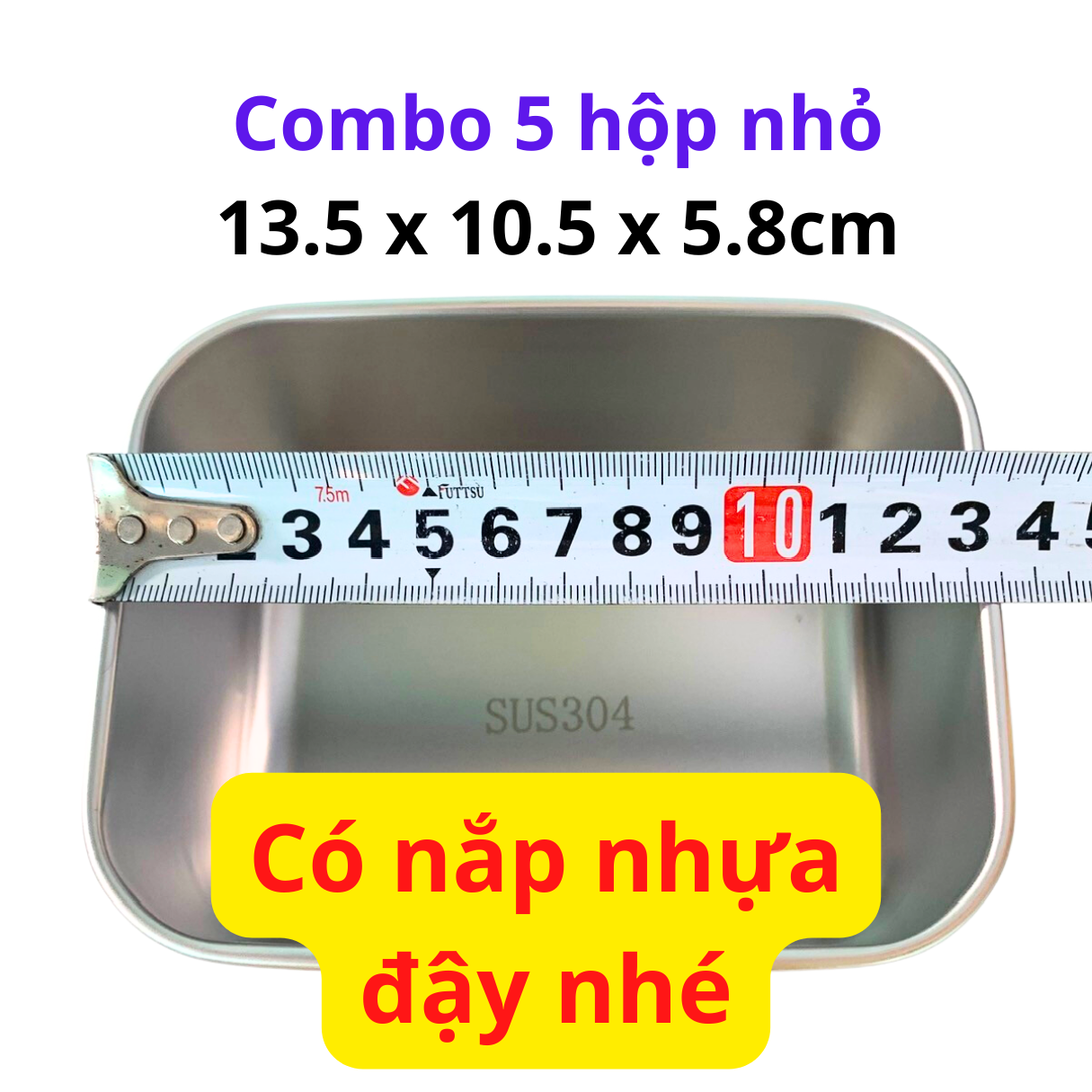 Combo 5 khay đựng thực phẩm inox 304 có nắp đậy, hộp đựng thực phẩm bằng inox để tủ lạnh