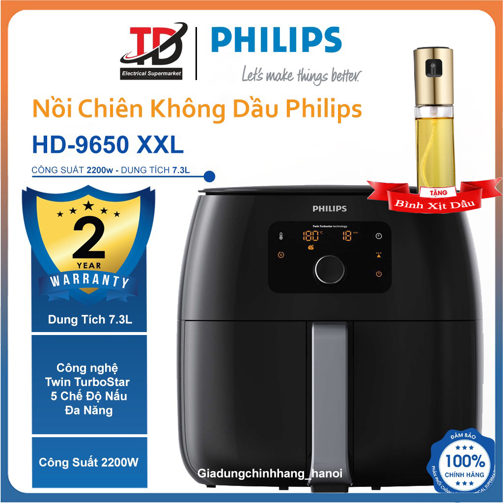 Nồi Chiên Không Dầu Điện Tử Philips Premium HD9650/91 Size XXL 7.3Lit Công Suất 2200W Bảo Hành Chính Hãng 2 Năm