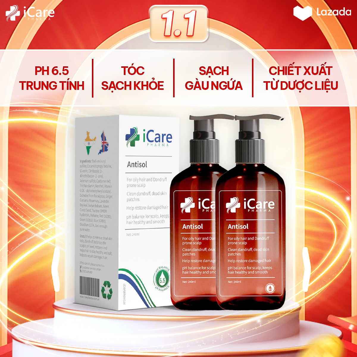 Combo 2 Chai Dầu Gội Sạch Gàu Nấm Ngứa Da Đầu Antisol - Thương Hiệu iCare Pharma