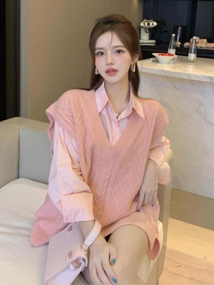Set áo len gile hồng mix sơ mi Quảng Châu nữ SETN855