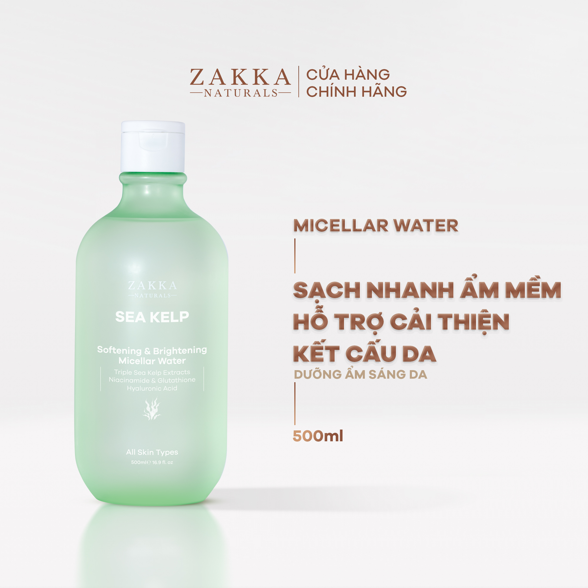Nước Tẩy Trang Tảo Biển Zakka Naturals Sạch Mềm Mịn Và Hỗ Trợ Sáng Da 500ml