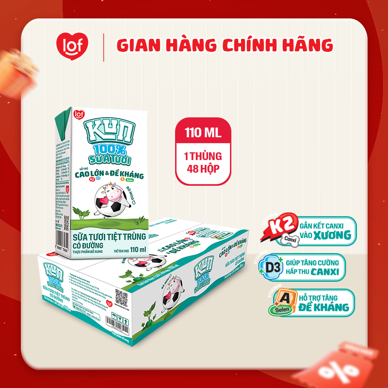 100% sữa tươi KUN có đường thùng 48 hộp x 110ml