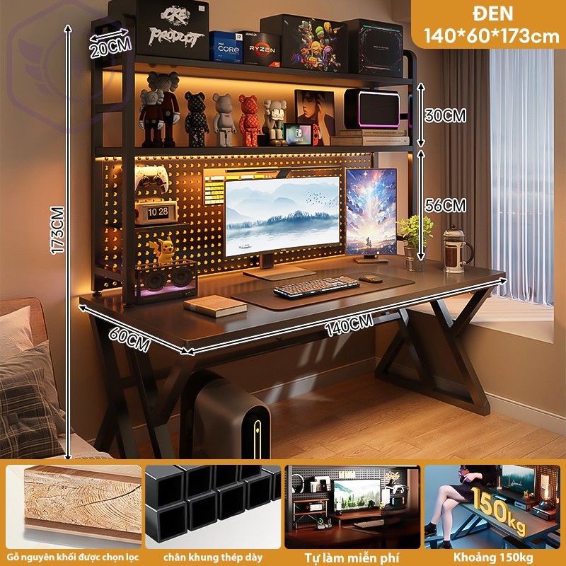 BMZAR Bàn làm việc Bàn Gaming Bàn học chân chữ K cong kèm kệ lửng cùng lỗ đi dây thông minh thiết kế Gỗ MDF 15mm đầy