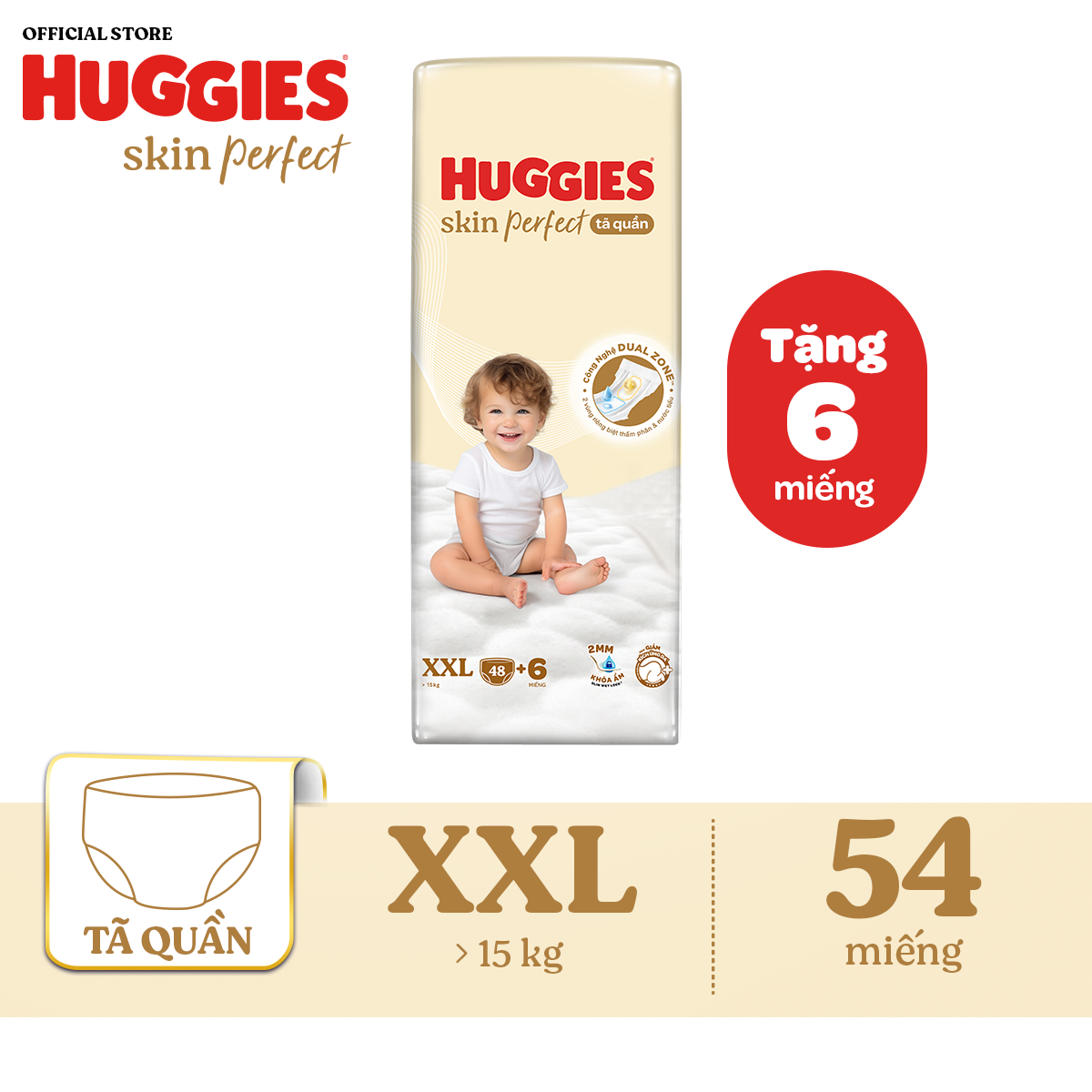 [CHỈ 20H 05-17.01 QUÀ TẶNG ĐH 399K] Tã quần Huggies Skin Perfect XXL Super Jumbo 48+6 miếng với 2 vù