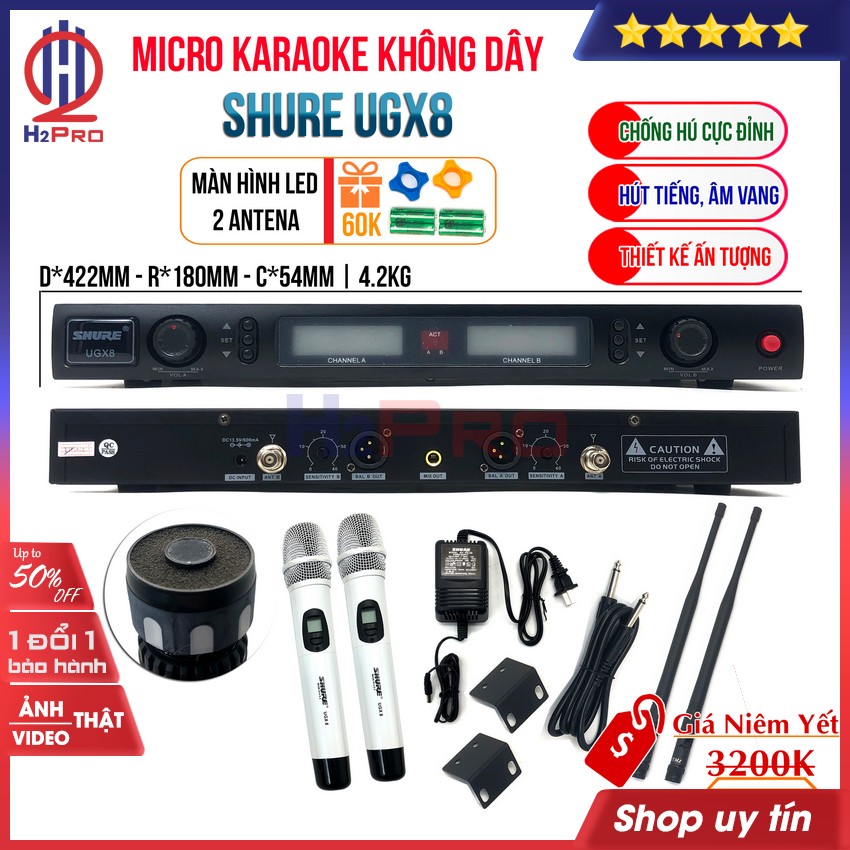 Bộ 02 Micro Không Dây Shure UGX8 2021 Mic Hút Tiếng Sáng Giảm Hú Mic Karaoke Không Dây Cao Cấp (Tặng