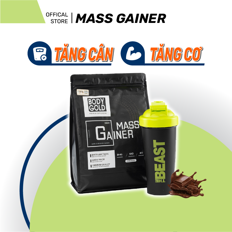Sữa Tăng Cân Tăng Cơ Body Gold Mass Gainer Túi 15 Kg + Bình Lắc