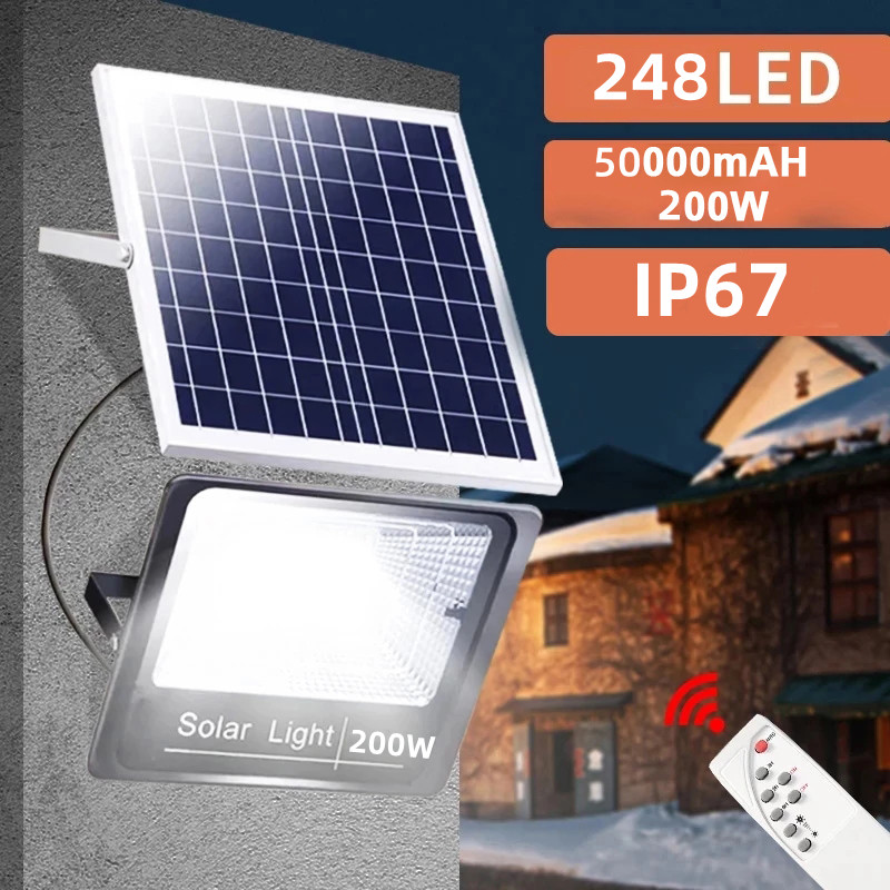 Đèn pha năng lượng mặt trời công suất 200W kèm tấm pin rời có remote có cảm biến tự động dây nối 5m.Bảo hành 12 tháng