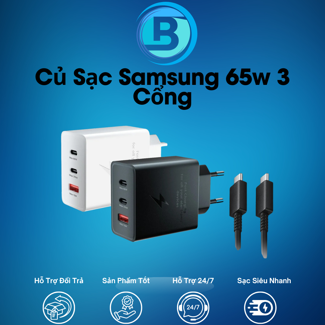 Củ sạc nhanh 65W Samsung EP-T6530N 3 cổng Củ sạc ba cổng T6530 (Max 65W) (Tặng kèm cáp) Sạc 3 cổng S