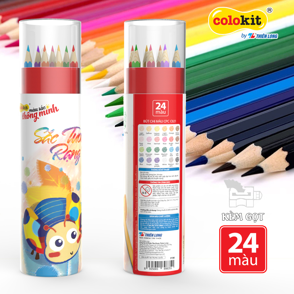 Bút chì màu chuyên nghiệp dạng cốc 12/24/36 màu Thiên Long Colokit - Tiêu chuẩn châu Âu - Có chuốt chì ở nắp hộp