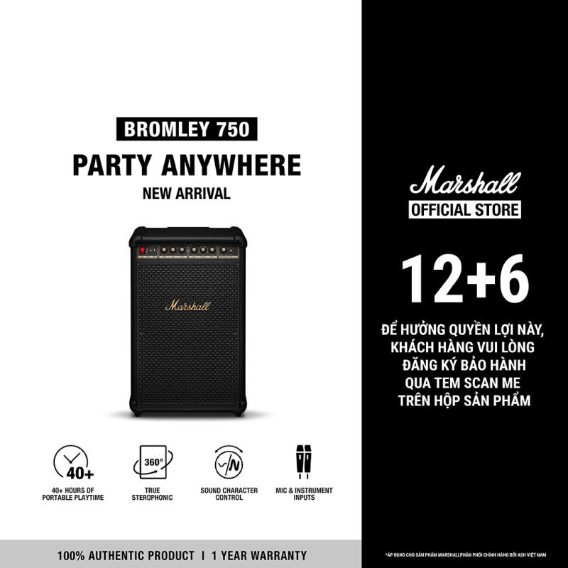 Loa Marshall Party Speaker ฺBROMLEY 750 BLACK AND BRASS - Pin lên đến 40h - Bảo Hành Chính Hãng 1 Đổi 1 trong 1 Năm