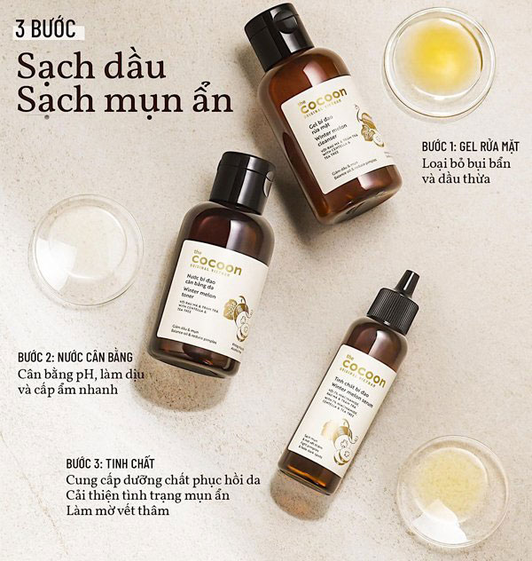 [HCM]Bộ 3 chăm sóc da mụn Cơ bản gồm Gel rửa mặt + Toner nước bí đao + Tinh chất bí đao Cocoon vietnam