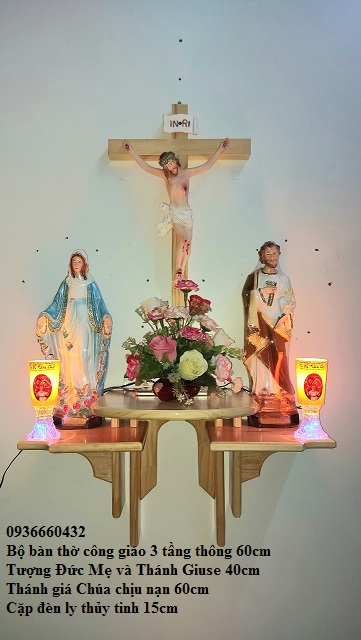 BỘ BÀN THỜ THIÊN CHÚA: TƯỢNG MẸ THÁNH 40CM THÁNH GIÁ CHÚA 60CM KỆ THỜ GỖ THÔNG 3 TẦNG sole đôi NGANG