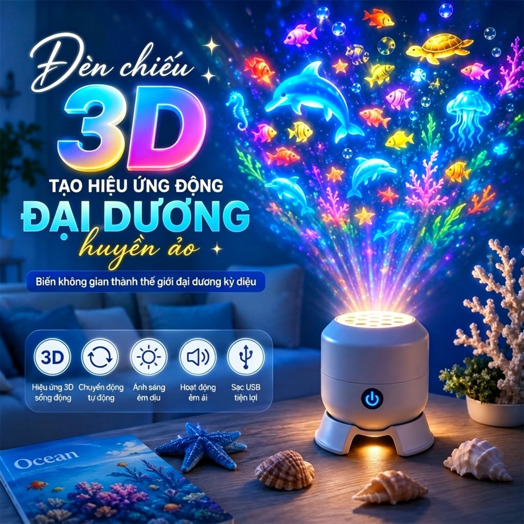Đèn Chiếu Trần 3D Đại Dương Chuyển Động 360°| Máy Chiếu LED Bầu Trời Sao Bông TuyếtĐèn Ngủ Cho Bé Decor Phòng rất đẹp