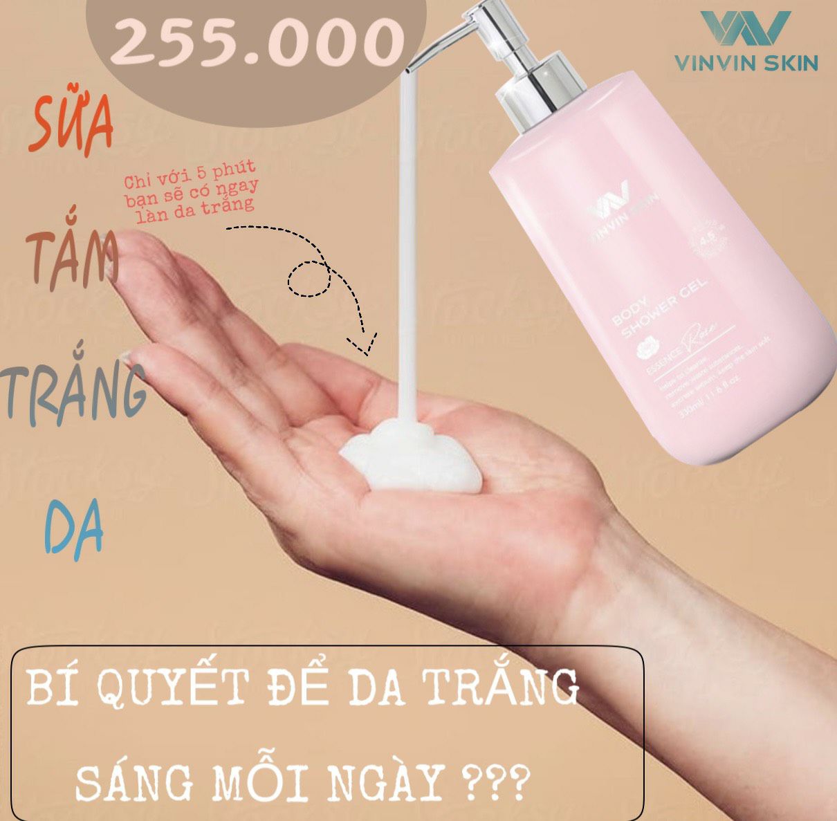 ( Chính Hãng)Sữa Tắm Dưỡng Trắng Da Hàn Quốc Chiết Xuất Hoa Hồng - Vinvin Skin Trắng Hồng