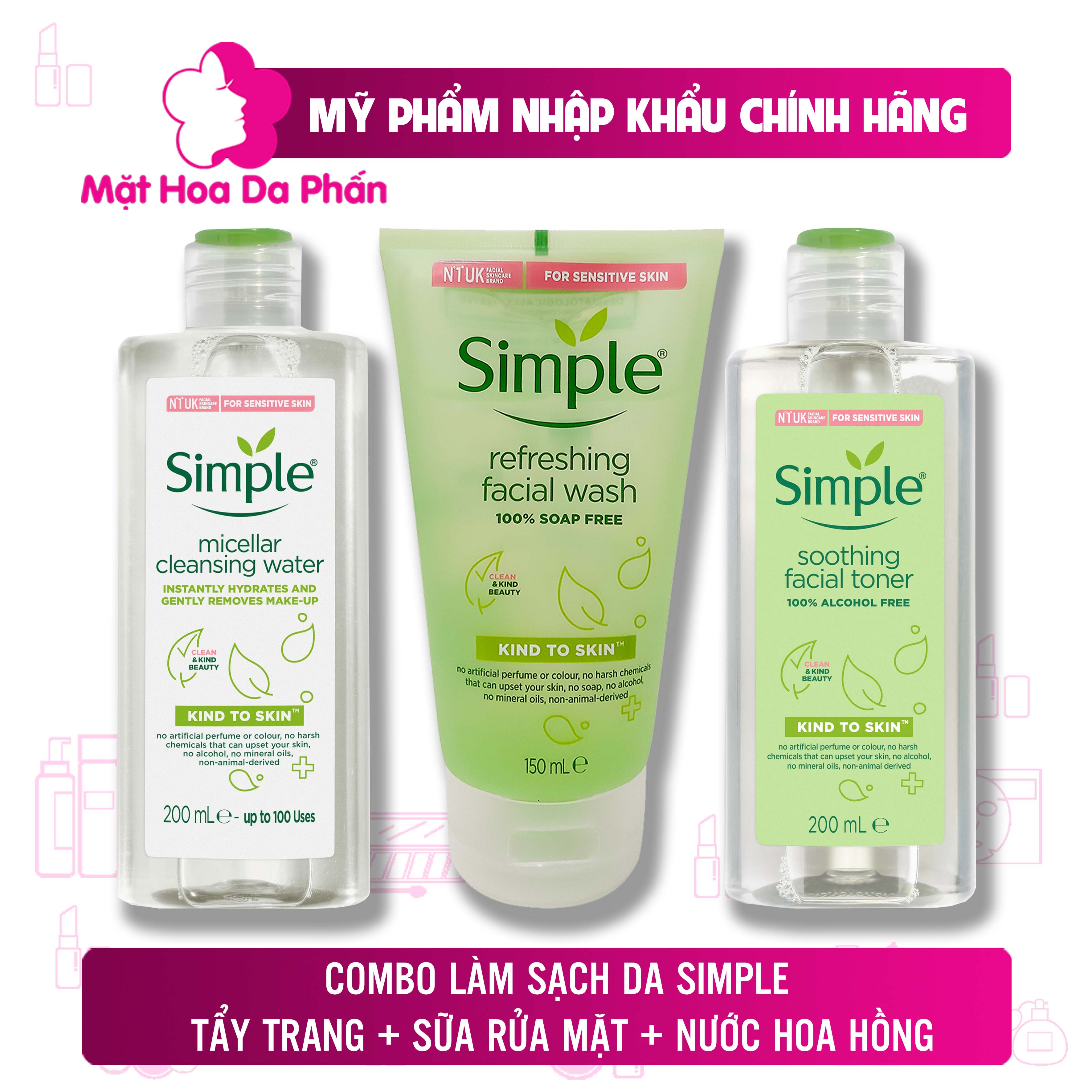 COMBO Làm Sạch Simple Tẩy Trang + Sữa Rửa Mặt + Nước Hoa Hồng