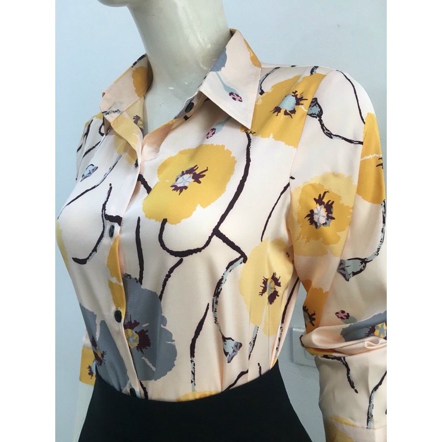 Áo sơ mi nữ hoa vàng sơ mi lụa cao cấp công sở đẹp thiết kế MQ BOUTIQUE