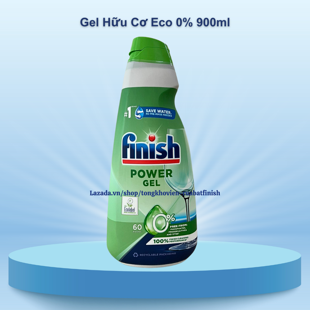 Gel Rửa bát Finish Hữu Cơ All In 1 Max Eco 0% 900ml Không Mùi Không Hóa Chất dùng cho máy rửa bát