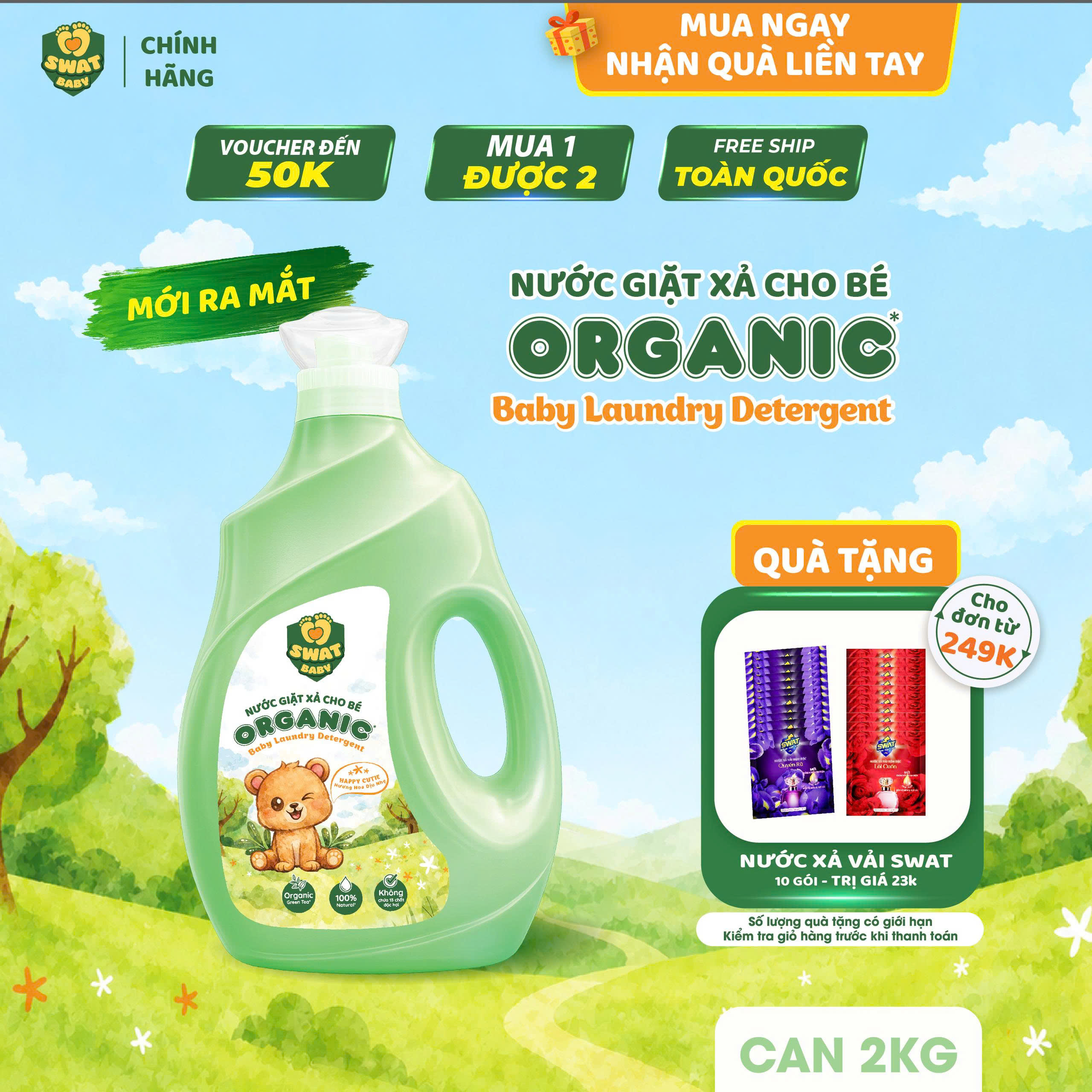 Nước Giặt Xả Cho Bé SWAT Organic Can 2KG Hương Hoa Dịu Nhẹ Khử Mùi Làm Sạch 12 Loại Vết Bẩn An Toàn Cho Da