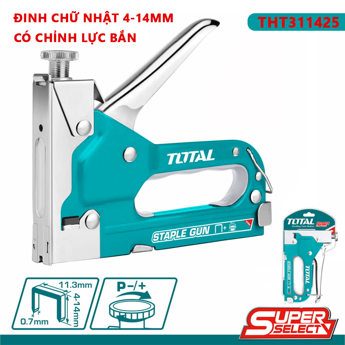 Kìm bấm đinh ghim đa năng 3 trong 1 TOTAL THT31143 Kềm bấm ghim có điều chỉnh lực bắn kèm 600 mũi gh