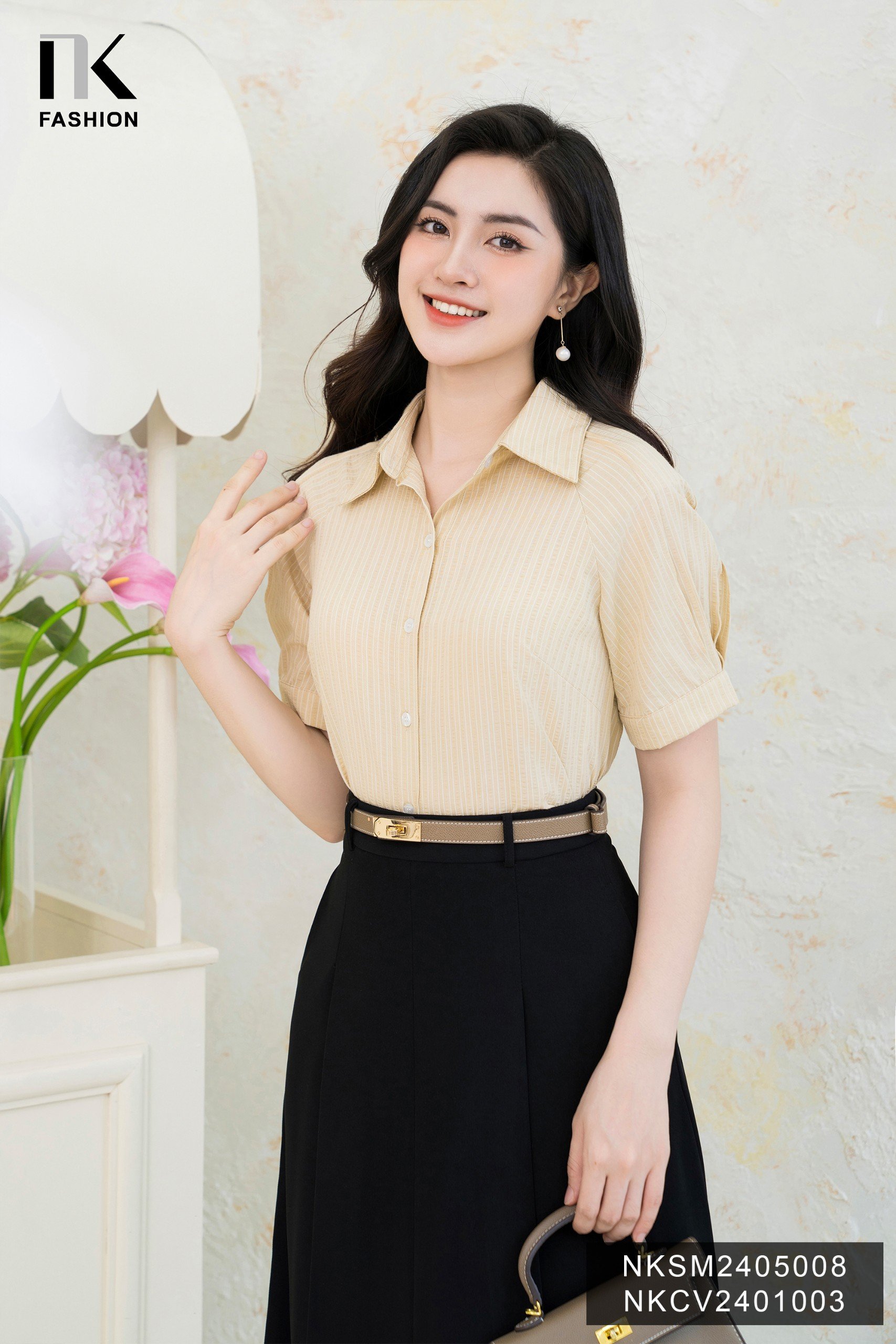Áo Sơ Mi Kẻ Xếp Ly Vai NK Fashion Công Sở Nữ Thanh Lịch Nữ Tính Vải Mềm Mịn NKSM2405008