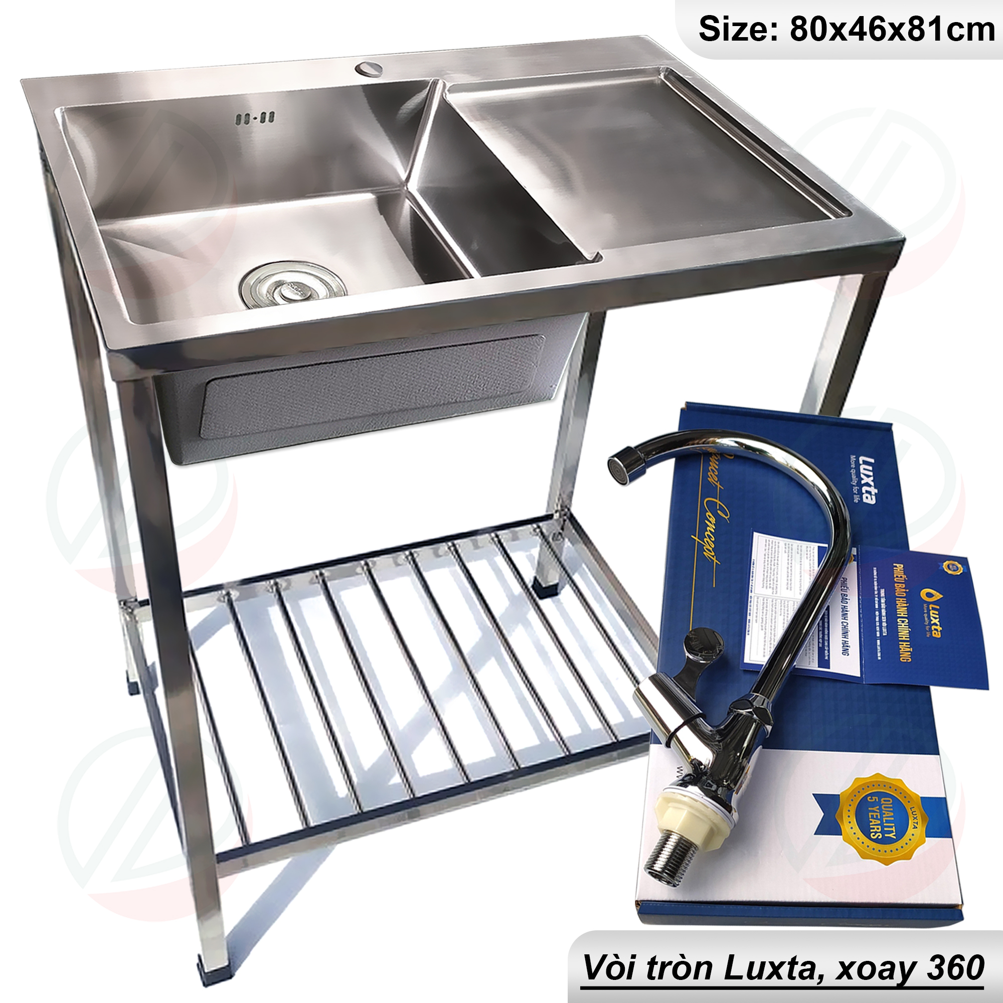 Bộ Chậu Rửa Chén Bát Có Chân Inox 1 Hộc 1 Cánh 80x46x81cm - Đủ bộ gồm chậu rửa chân chậu vòi rửa xi 