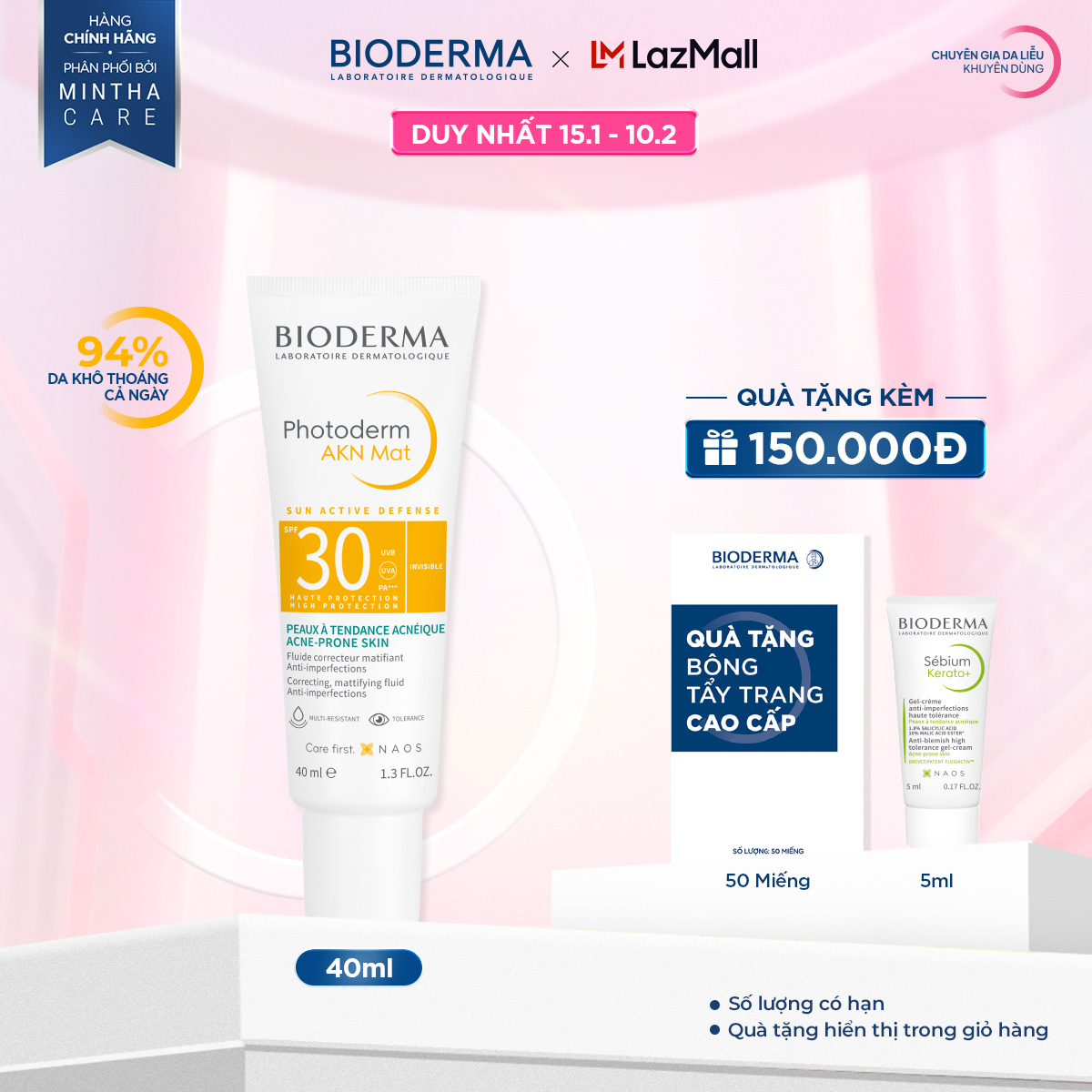Kem chống nắng dành cho da hỗn hợp da dầu và da mụn Bioderma Photoderm AKN Mat SPF30 - 40ml