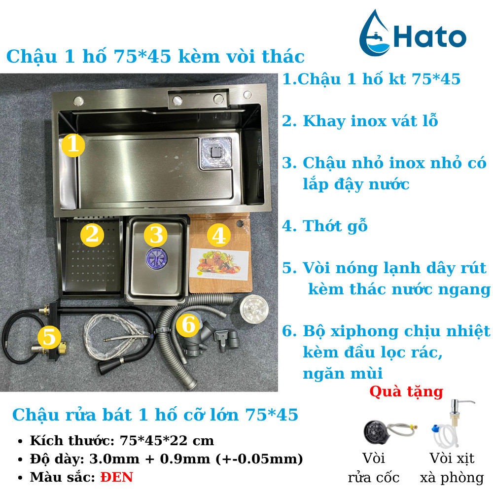 Chậu Rửa Bát 1 Hố Hato INOX SUS304 Cao Cấp Phủ Nano Bồn Rửa Chén 1 Ngăn Lớn Kèm Vòi Thác NướcThớt Kh