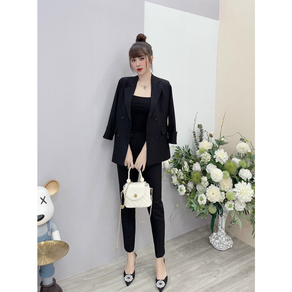 Set Vest nữ công sở trơn áo vest blazer dài tay lỡ 4 cúc quần tây dài dáng baggy Bộ vest thiết kế MQ