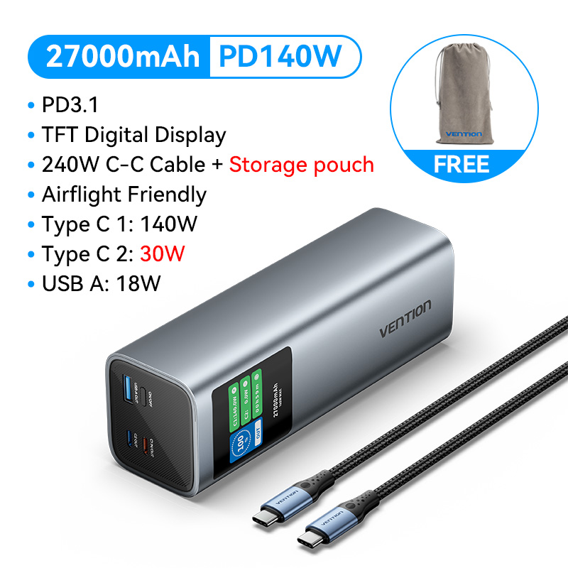 Vention Sạc Dự Phòng 27000mAh 140W PD3.1 - 3 Cổng Màn Hình Màu TFT Sạc Nhanh MacBook Pro 16" Laptop 
